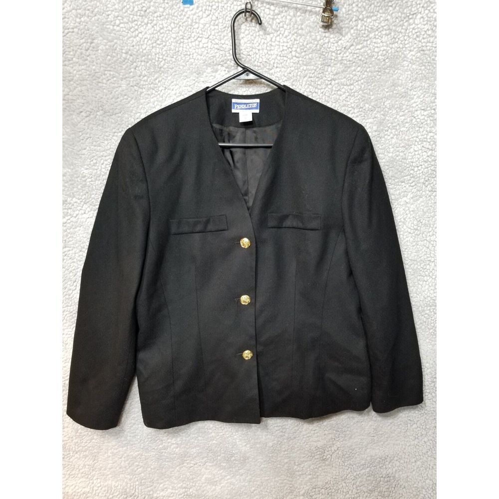 Pendleton Blazer Womens Size 16 Black Wool Gold Buttons Lined Jacket USA Vintage